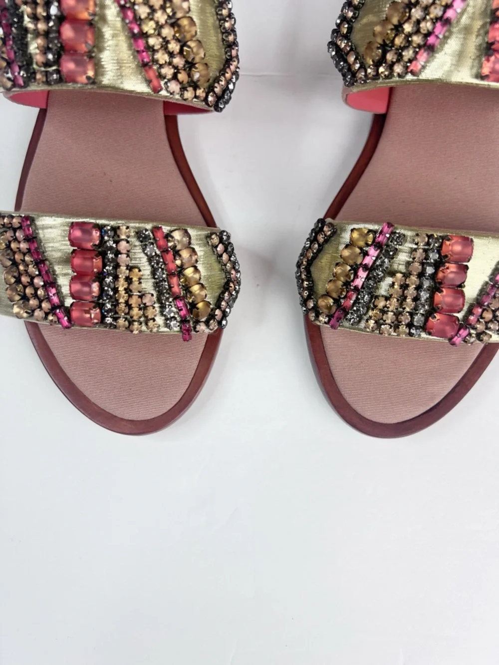 NIB Tory Burch Tanner Jeweled Embellished Metallic Strap Sandals in Pink/Tan
